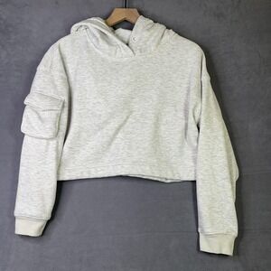 Mono B‎ Cropped Hoodie Womens Large Heather Gray Pullover Athleisure Sweatshirt